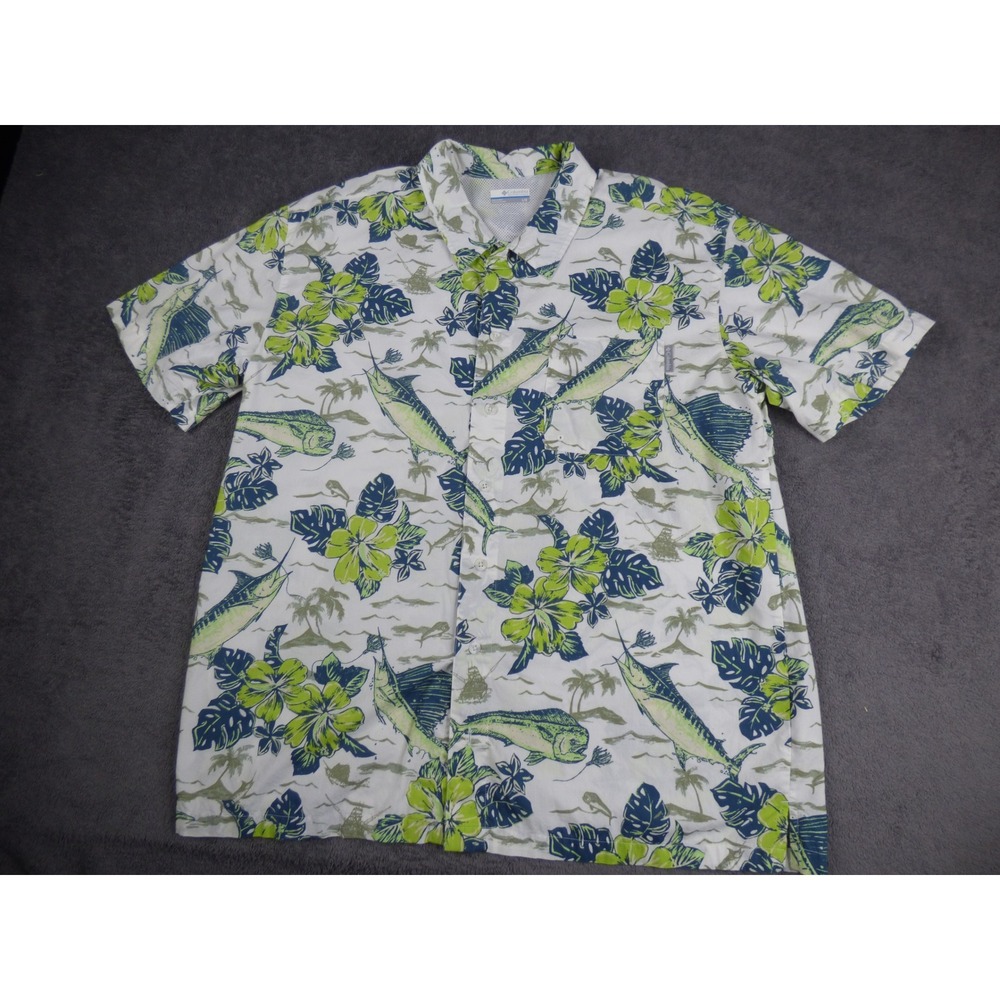 Columbia PFG Mens Large White Tropical Marlin Mahi Mahi Fish Button Down Shirt